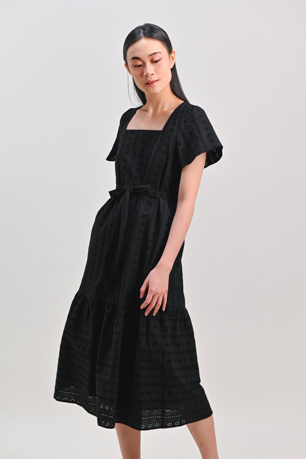 KEZIA EYELET SQUARE-NECK DRESS IN BLACK