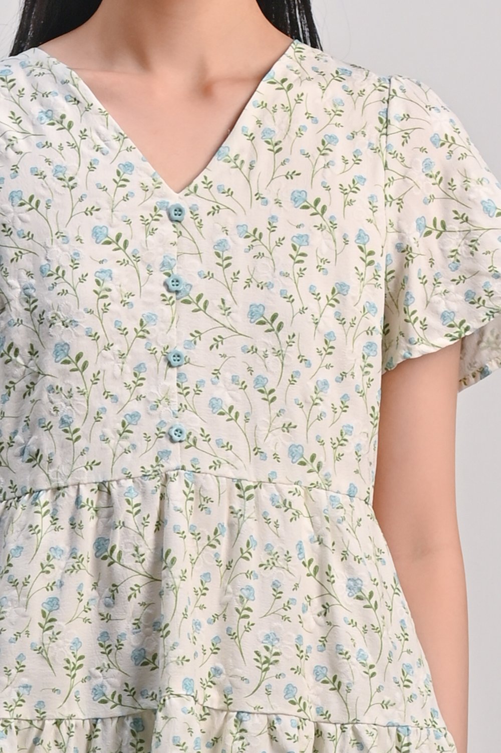 ELOWEN BLUE FLORAL BUTTON TIERED DRESS