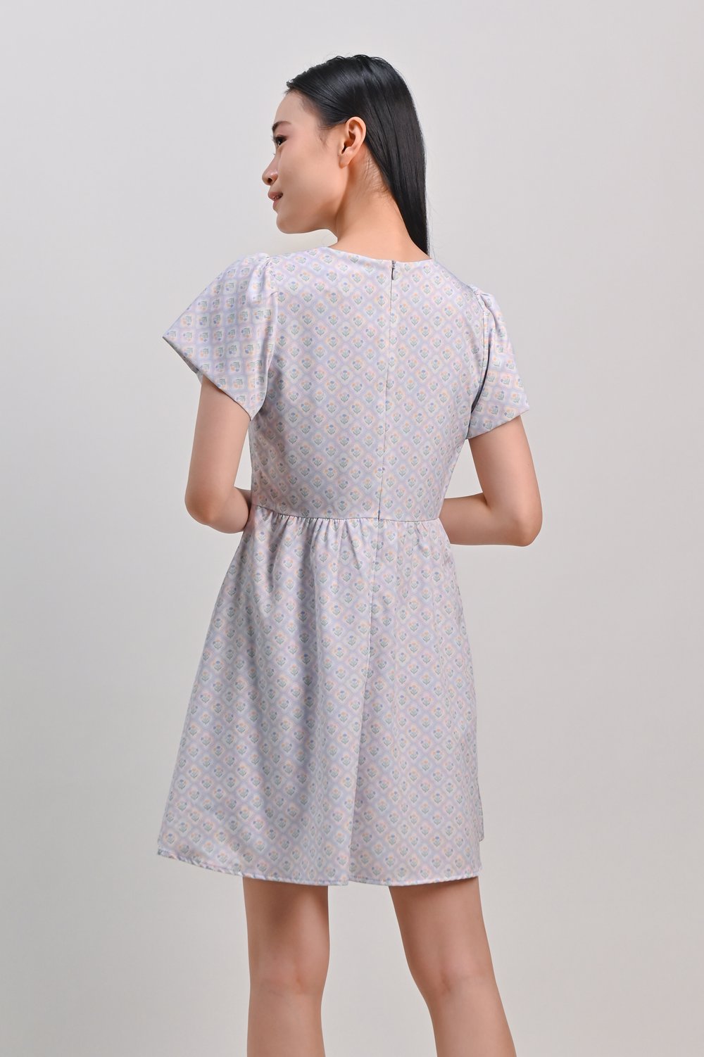 BLUE PASTEL BOUQUET V-NECK SLEEVED DRESS-ROMPER