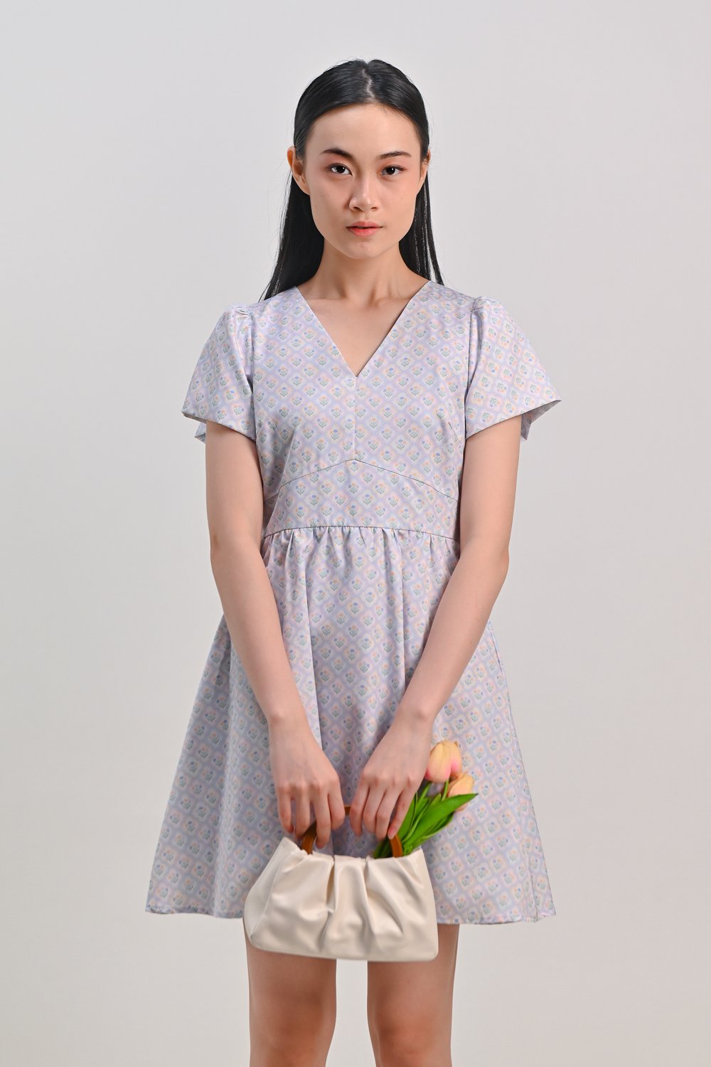 BLUE PASTEL BOUQUET V-NECK SLEEVED DRESS-ROMPER