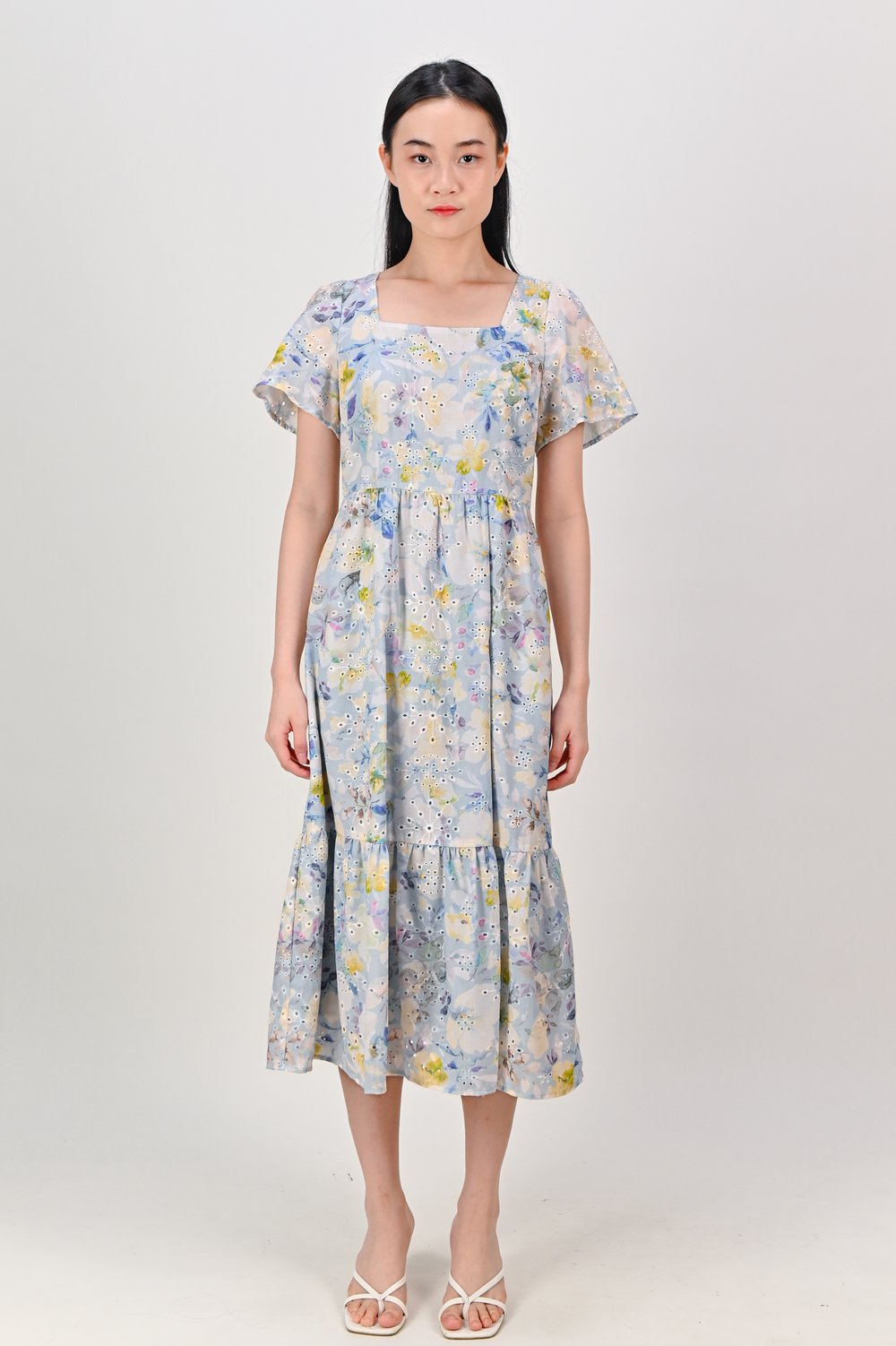 SAKRIS BLUE EYELET FLORAL SLEEVED DRESS