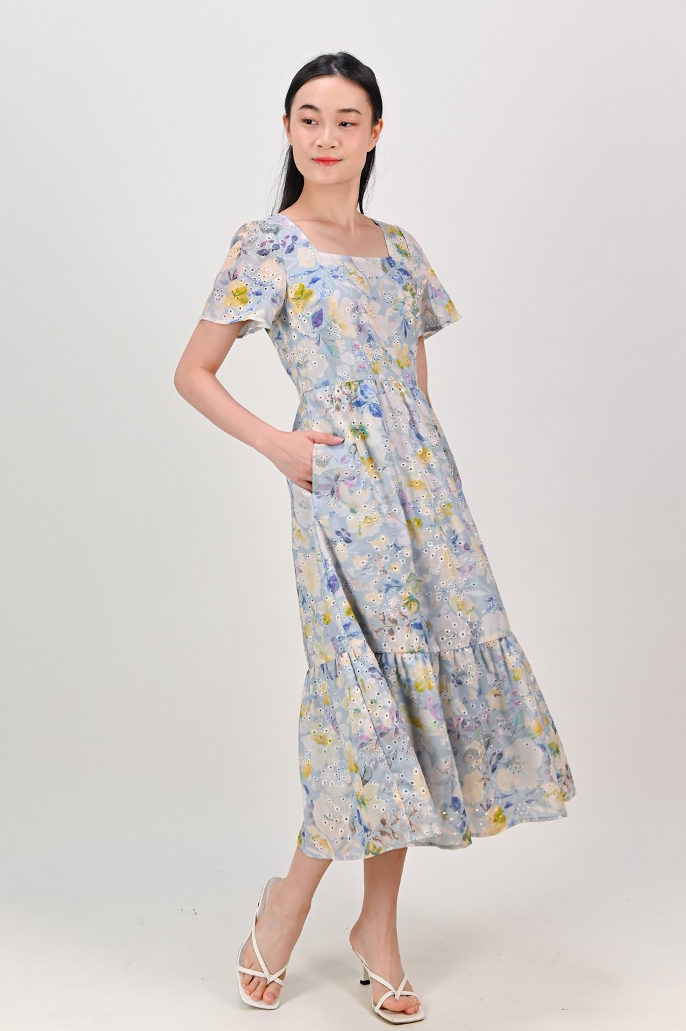 SAKRIS BLUE EYELET FLORAL SLEEVED DRESS