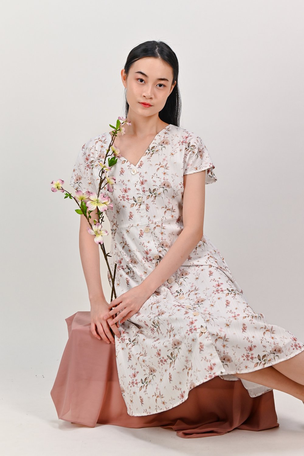 THALASSA WHITE FLORAL SLEEVED BUTTON DRESS