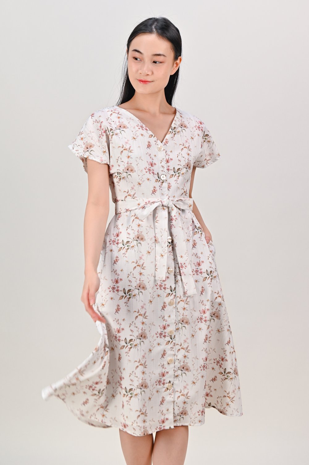 THALASSA WHITE FLORAL SLEEVED BUTTON DRESS