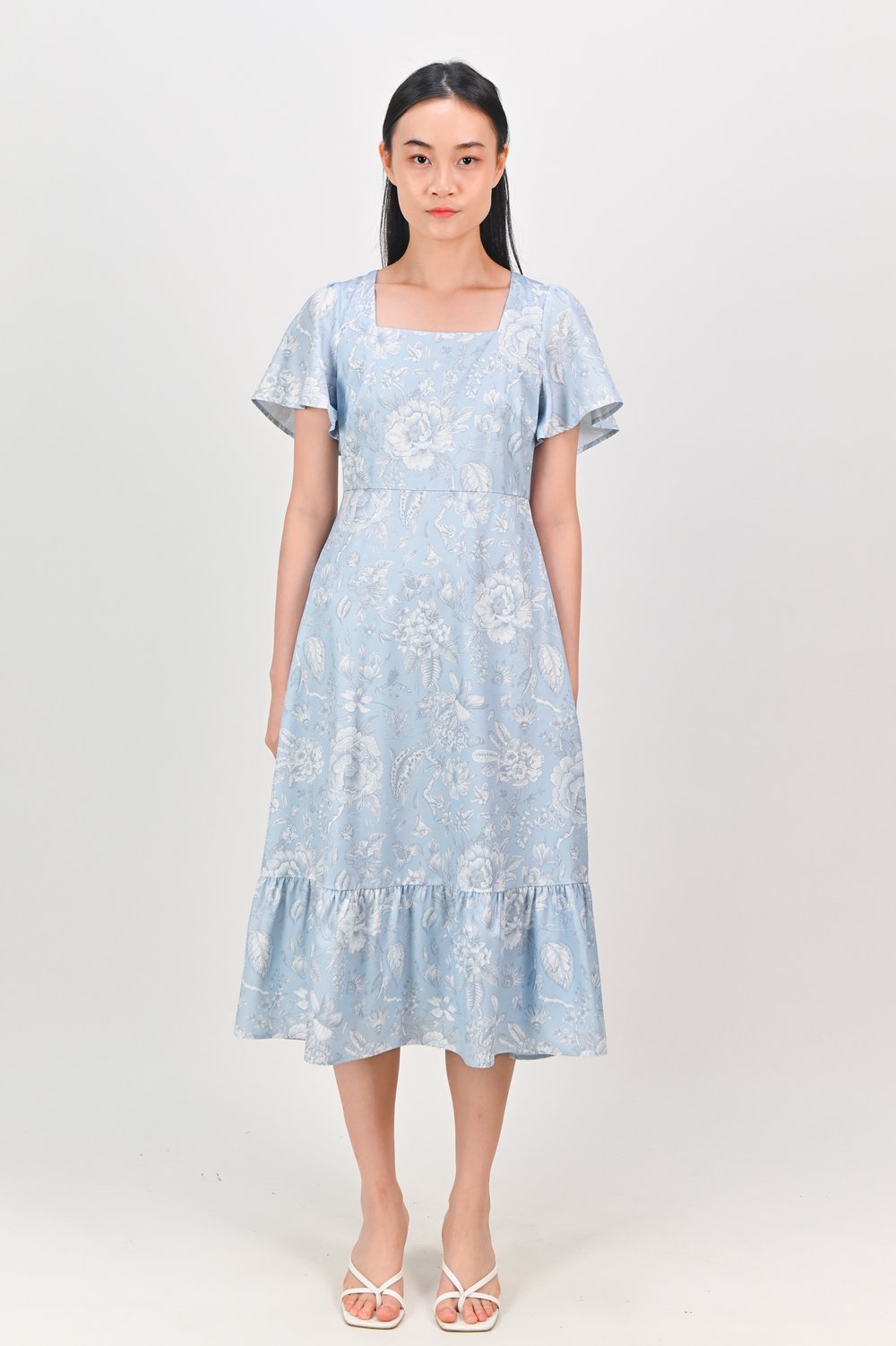 BLUE PORCELAIN BLOOMS SQUARE-NECK SLEEVED MIDI DRESS