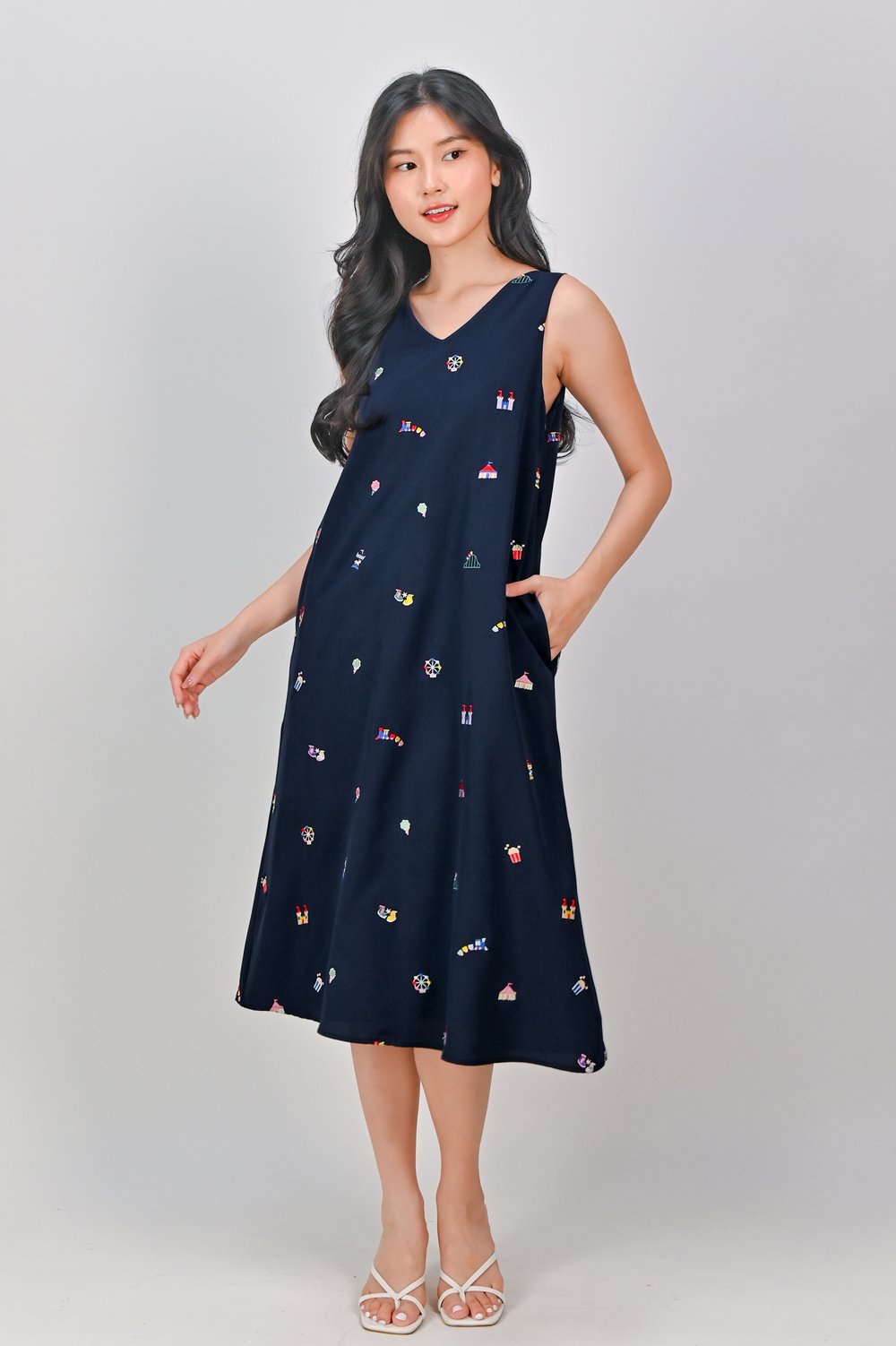 CARNIVAL NAVY EMB. TWO-WAY MIDI DRESS