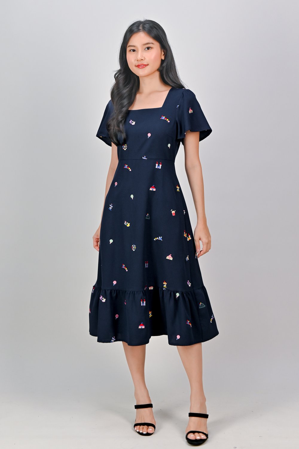 CARNIVAL NAVY EMB. SQUARE-NECK SLEEVED DRESS