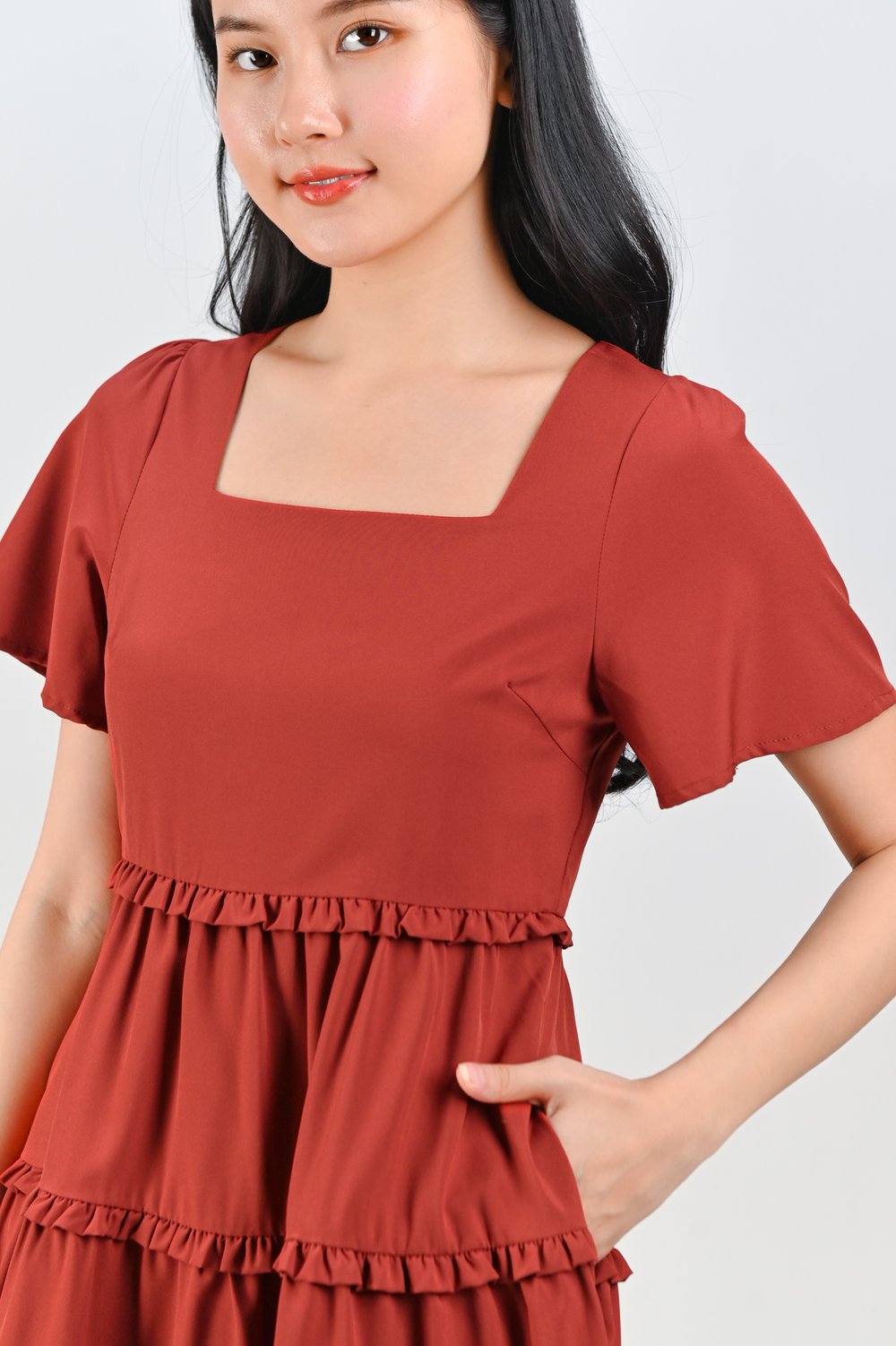 ALTANE SQUARE-NECK FRILL DRESS IN BRICK RED