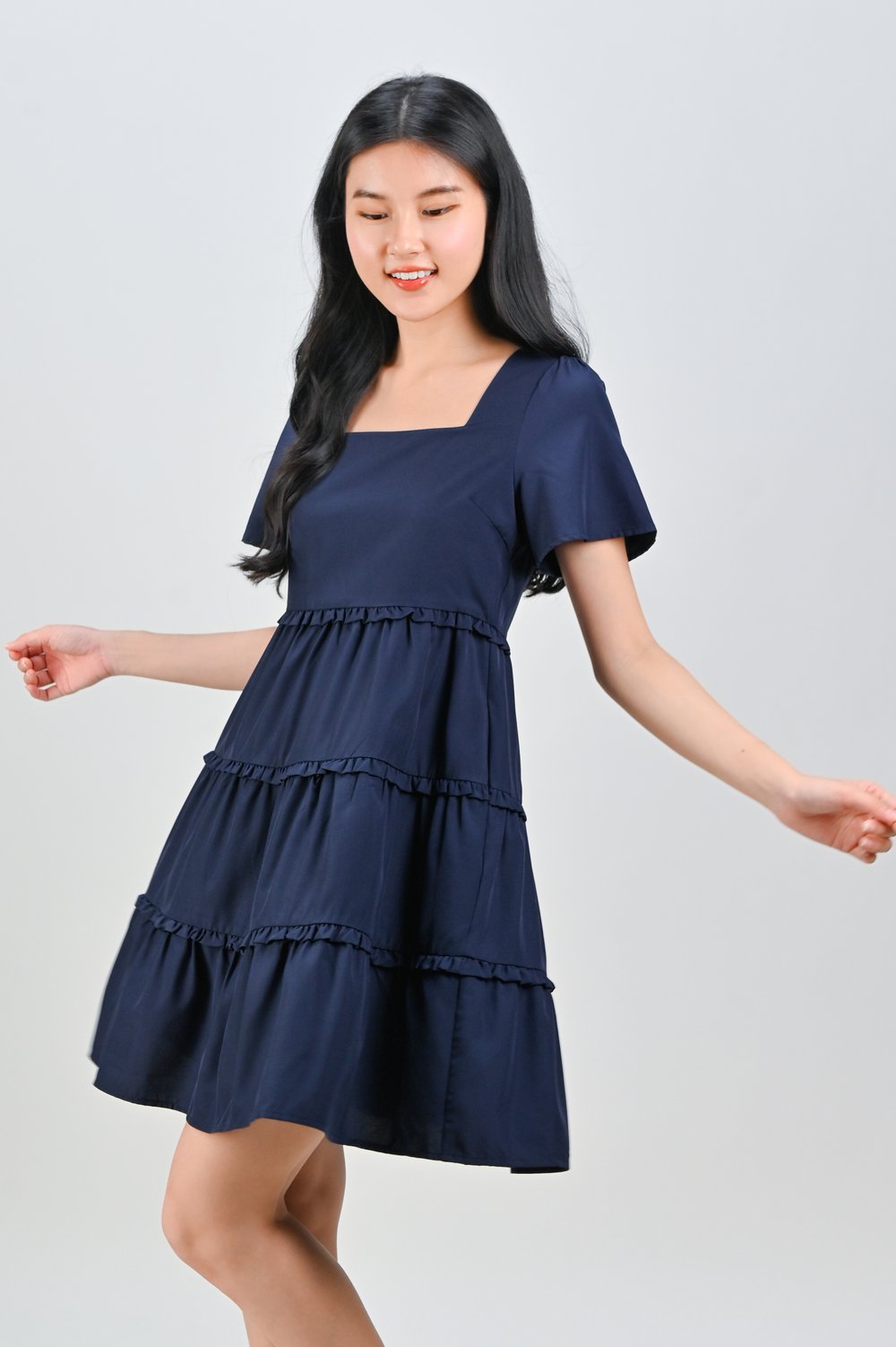 ALTANE SQUARE-NECK FRILL DRESS IN NAVY