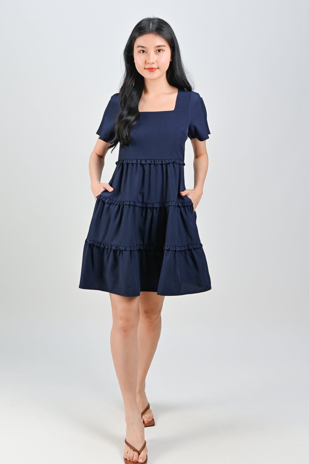 ALTANE SQUARE-NECK FRILL DRESS IN NAVY