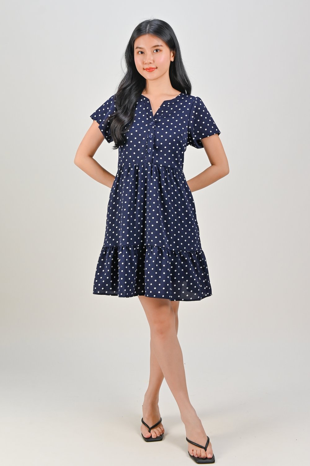 MOMOKO NAVY POLKA BUTTON FLOUNCE DRESS