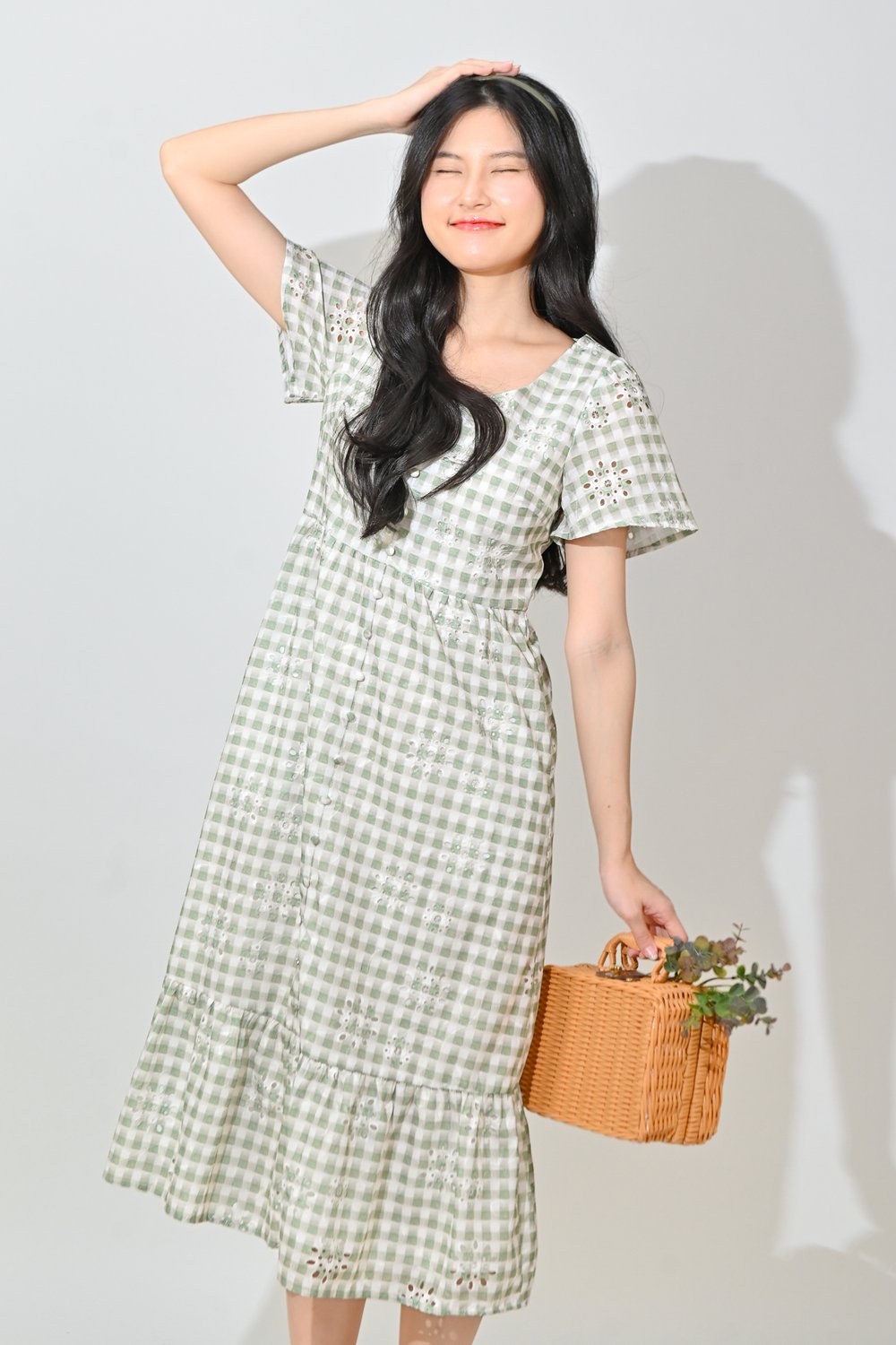 KIYOMI GINGHAM EYELET SCOOP-NECK DRESS IN GREEN