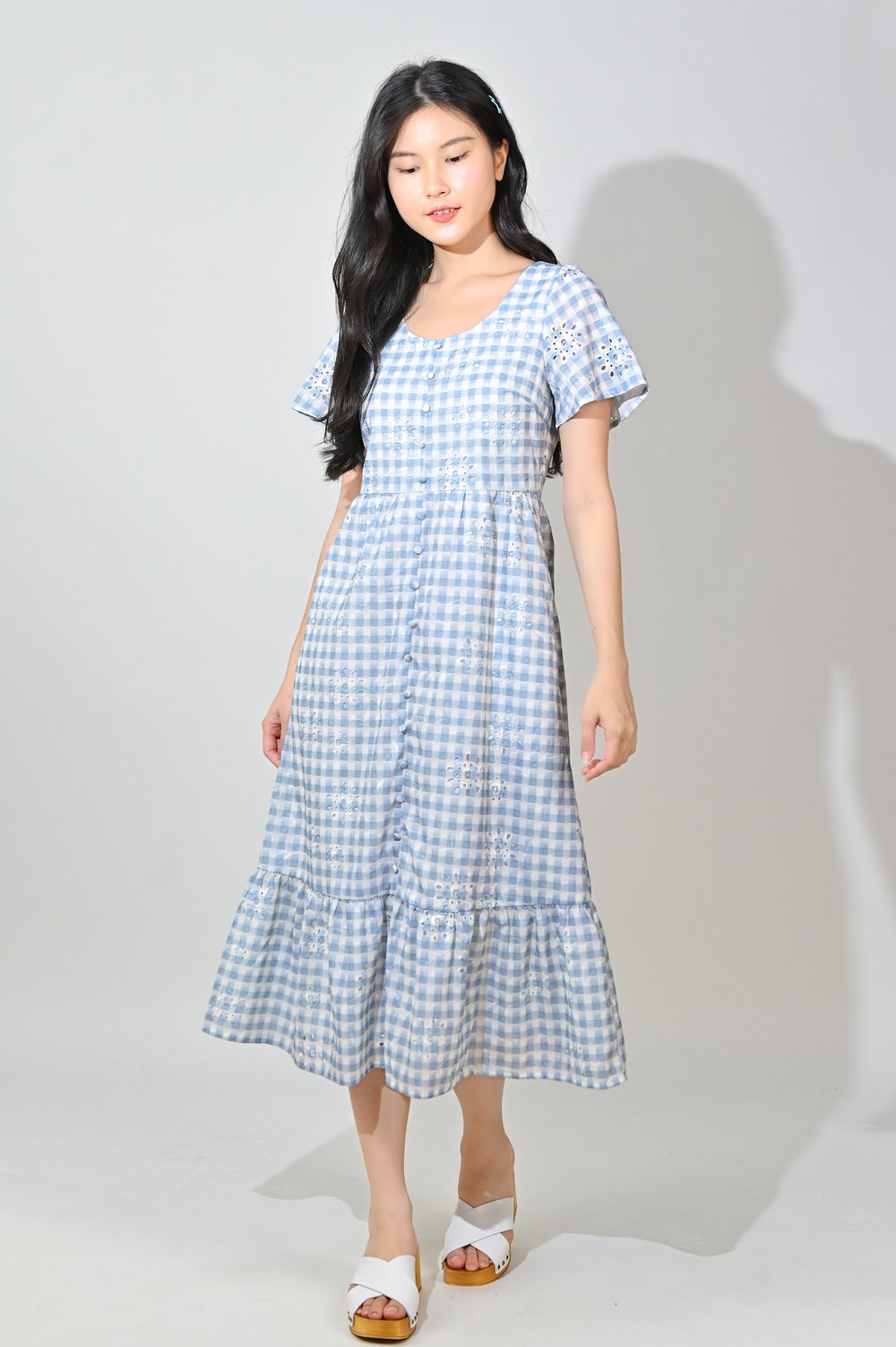 KIYOMI GINGHAM EYELET SCOOP-NECK DRESS IN BLUE