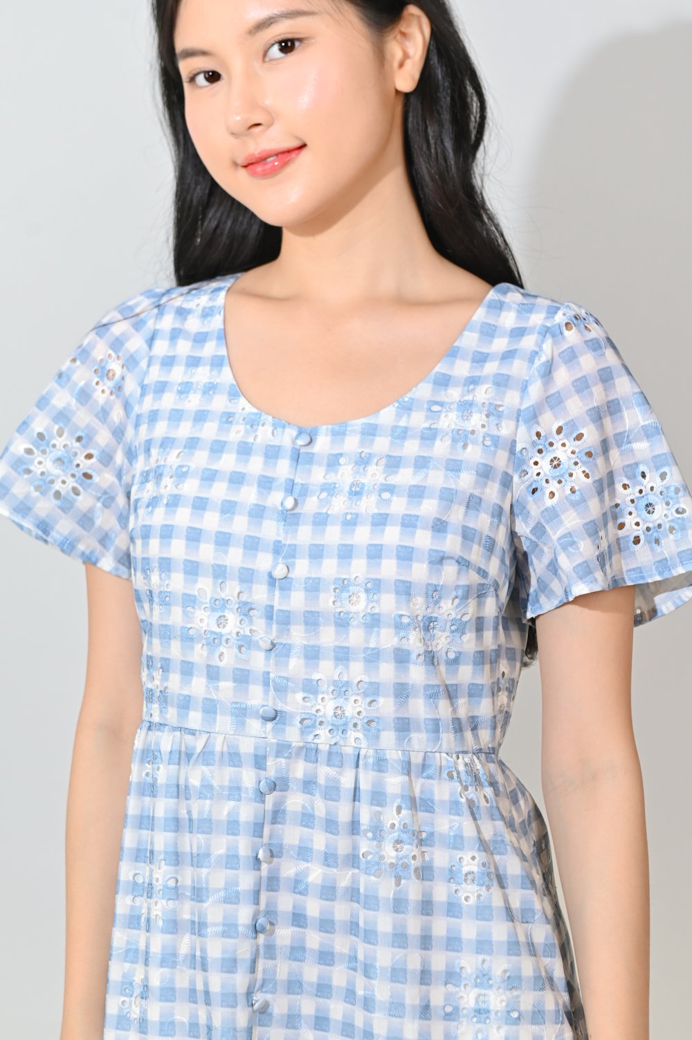 KIYOMI GINGHAM EYELET SCOOP-NECK DRESS IN BLUE