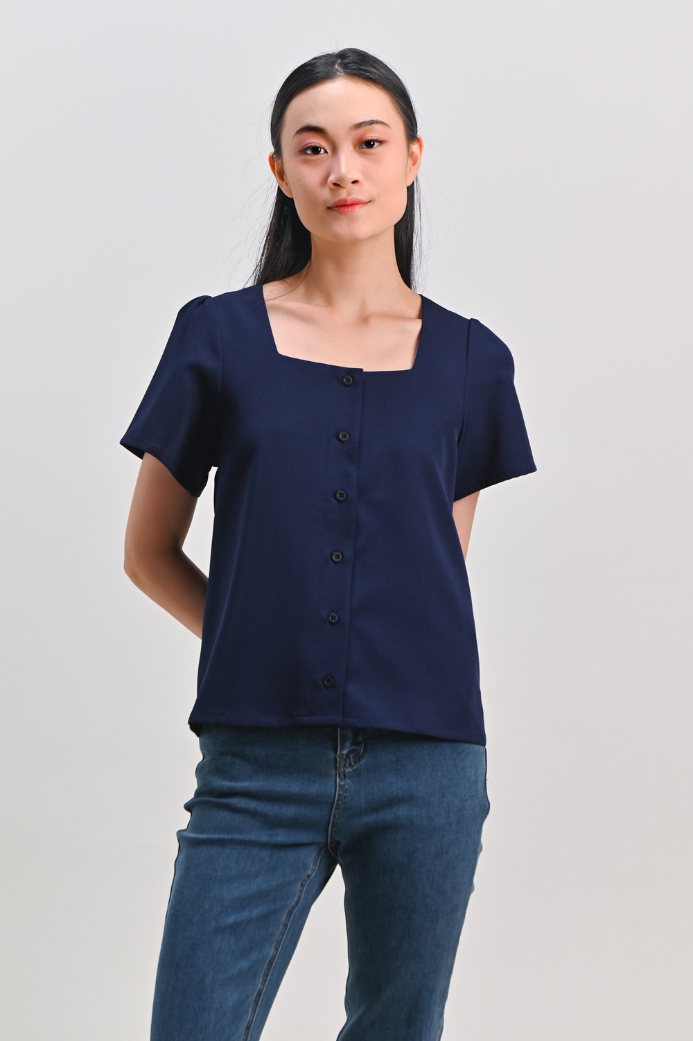 LULIE SQUARE-NECK SLEEVED TOP IN NAVY