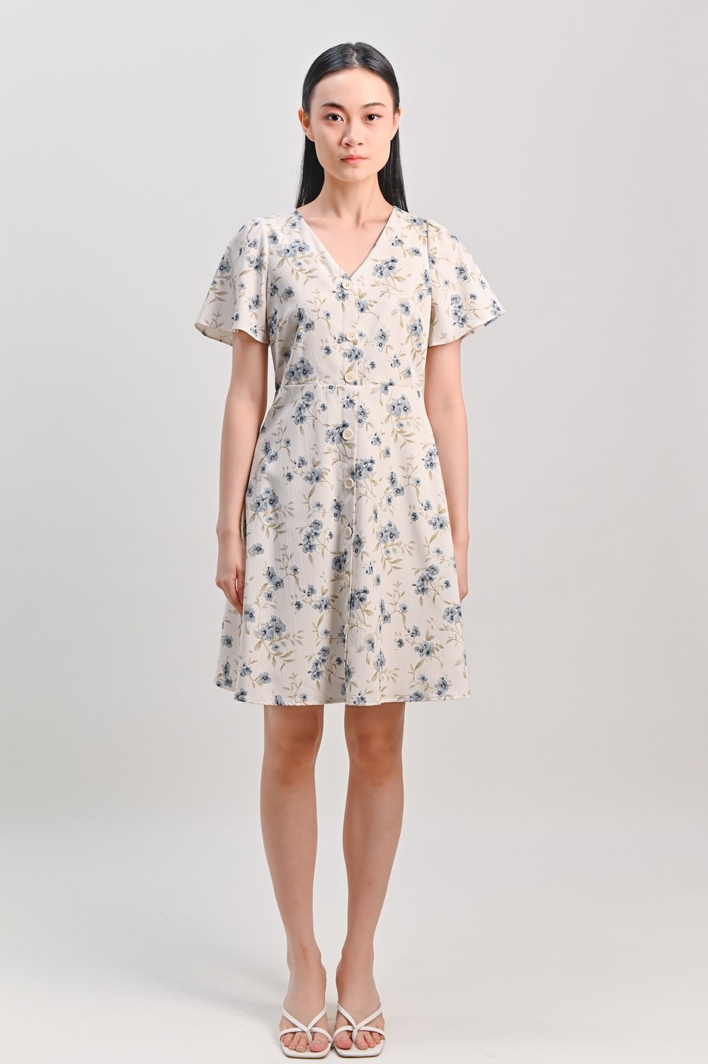 ORIENA BLUE FLORAL SLEEVED BUTTON DRESS
