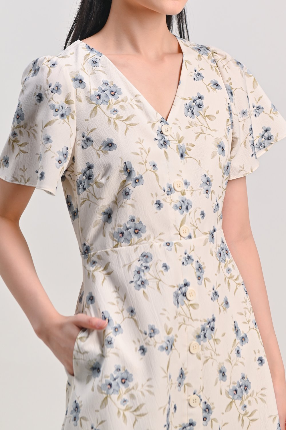 ORIENA BLUE FLORAL SLEEVED BUTTON DRESS