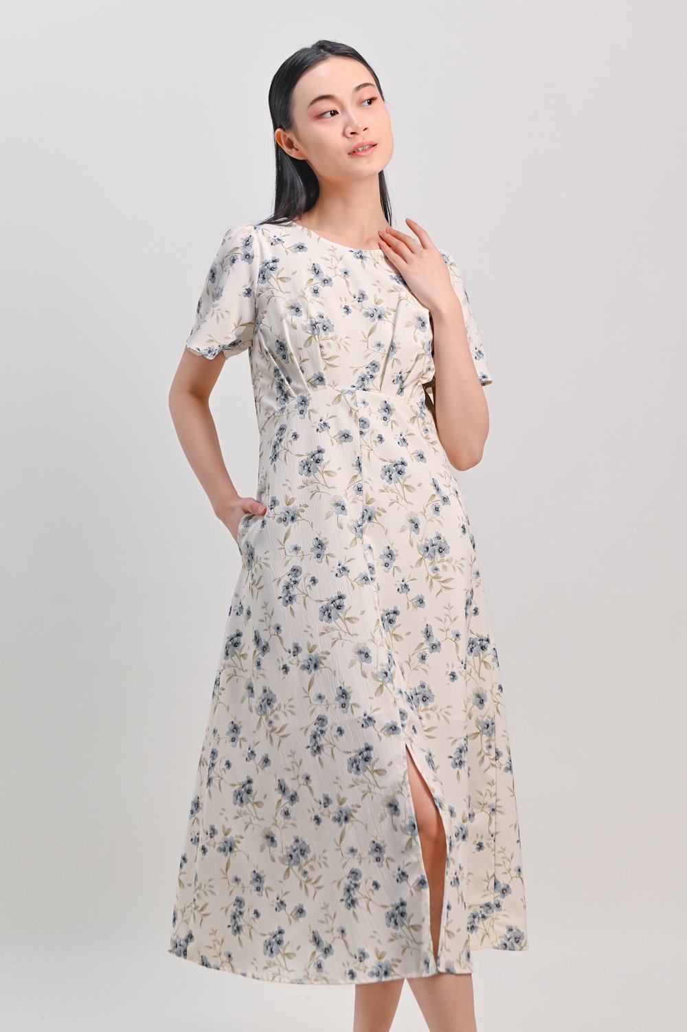 VALORA BLUE FLORAL ROUND-NECK SLEEVED DRESS