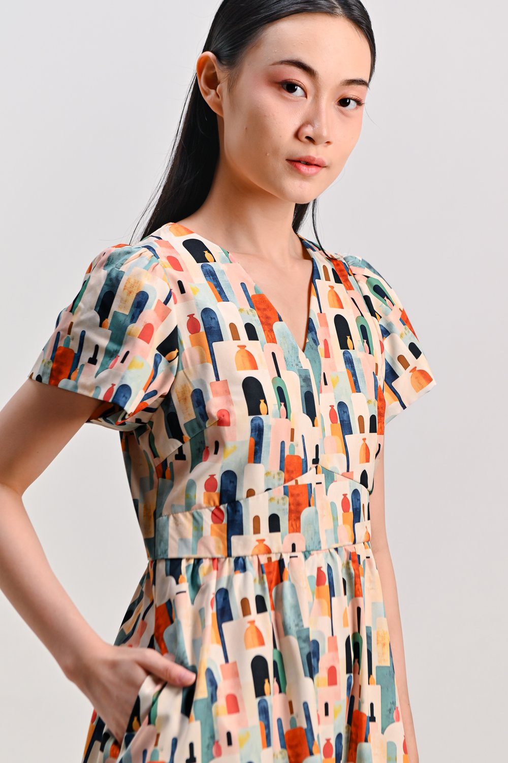 POTTERY TOWN SLEEVED V-NECK DRESS-ROMPER