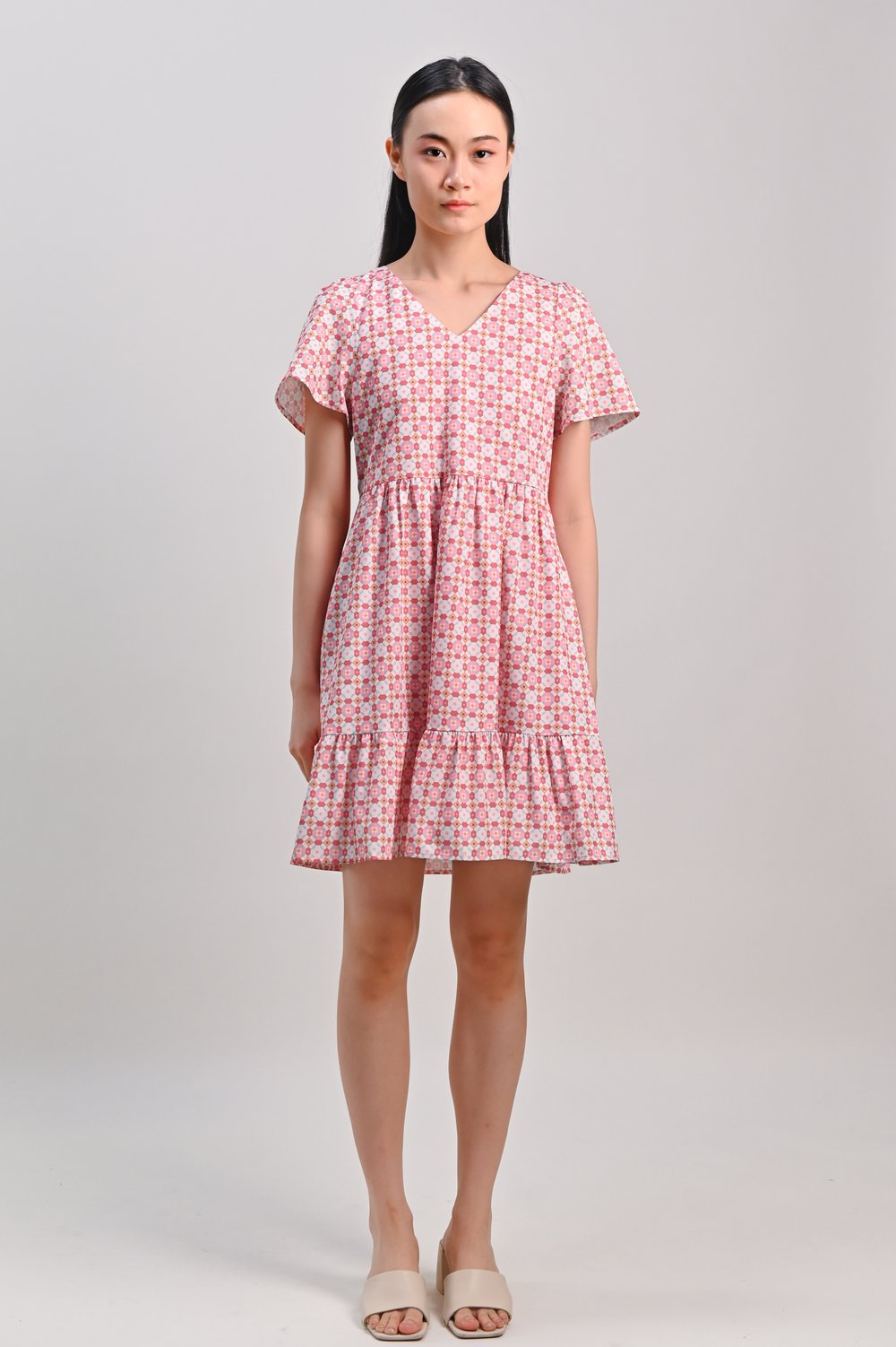 BERRY JADE V-NECK SLEEVED FLOUNCE DRESS