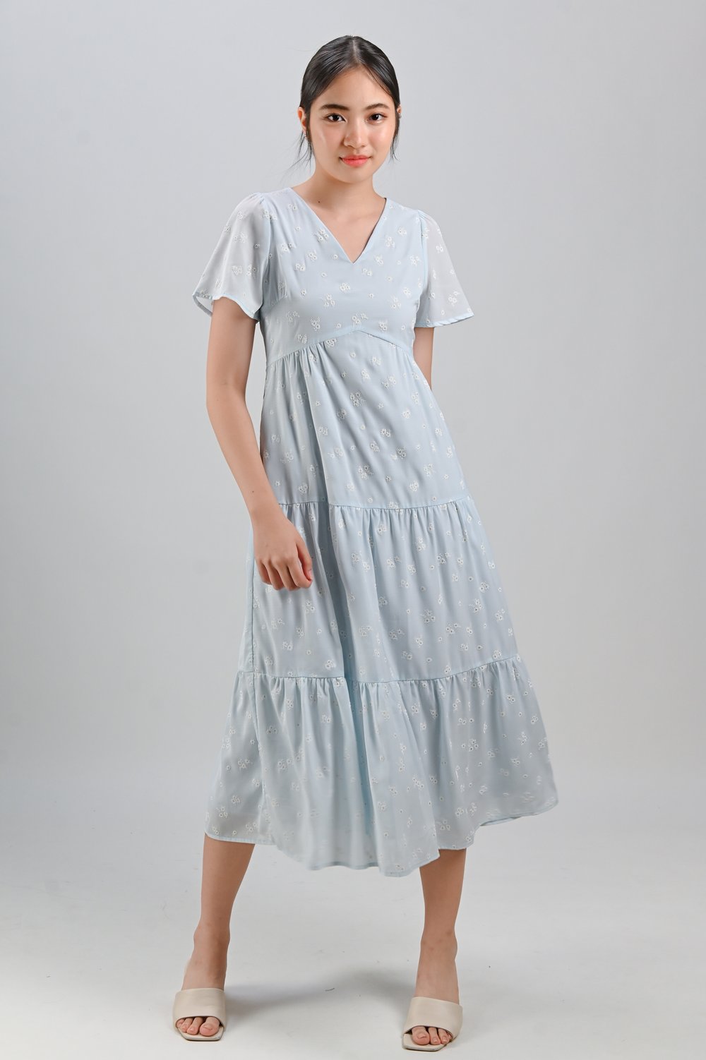 DELFINA BLUE MINI-FLORAL SLEEVED MAXI DRESS