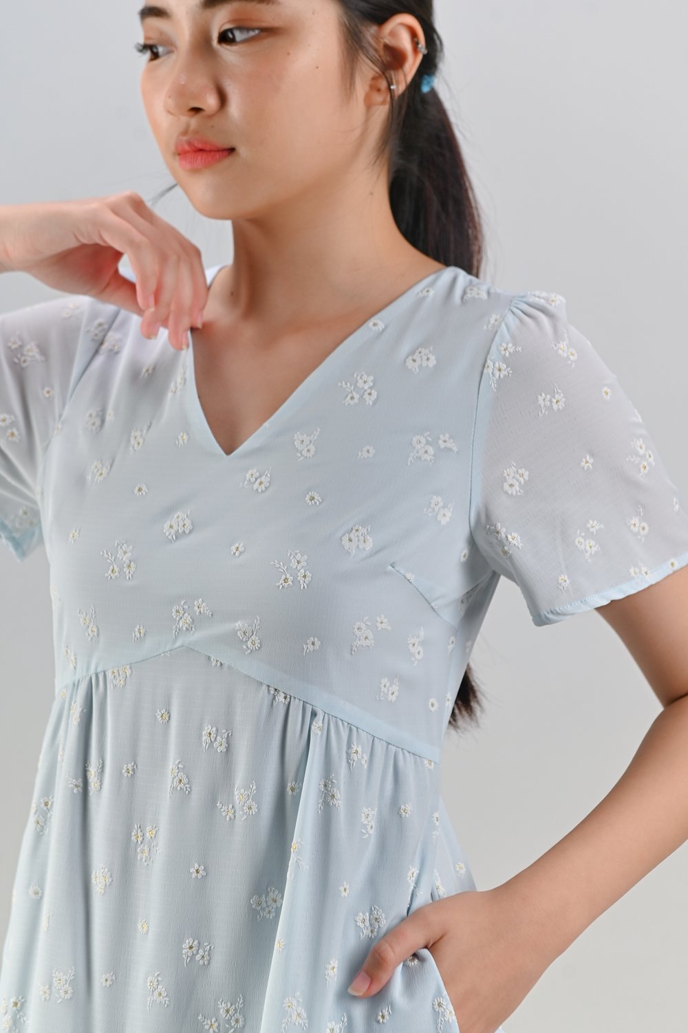 DELFINA BLUE MINI-FLORAL SLEEVED MAXI DRESS