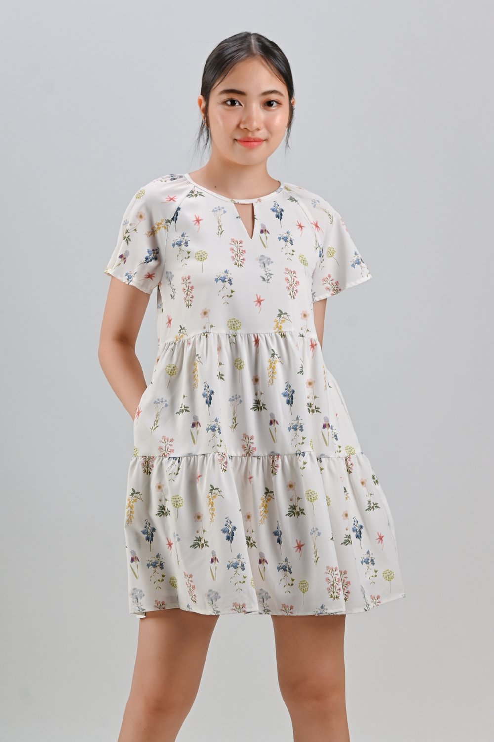 NOVALE CUT-OUT BABYDOLL DRESS IN CREAM FLORAL