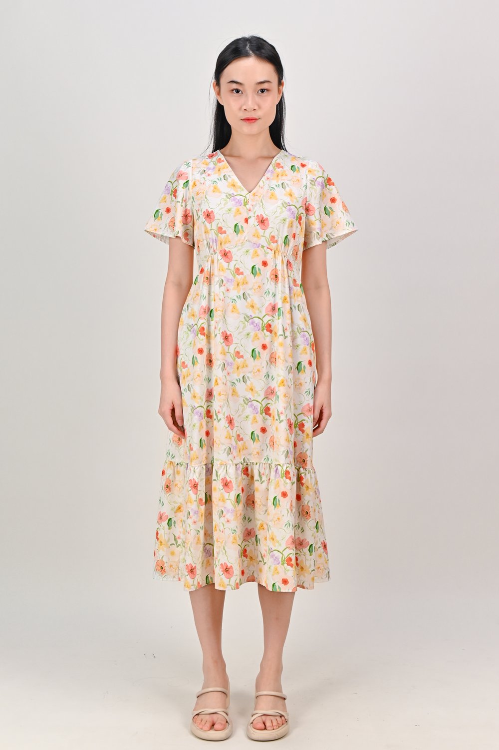 COUNTRY BLOOMS V-NECK SLEEVED MIDI DRESS