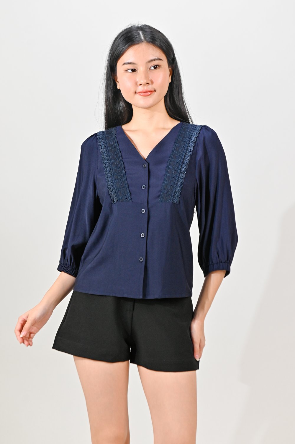 LIDYA LACE-TRIM BUTTON TOP IN NAVY