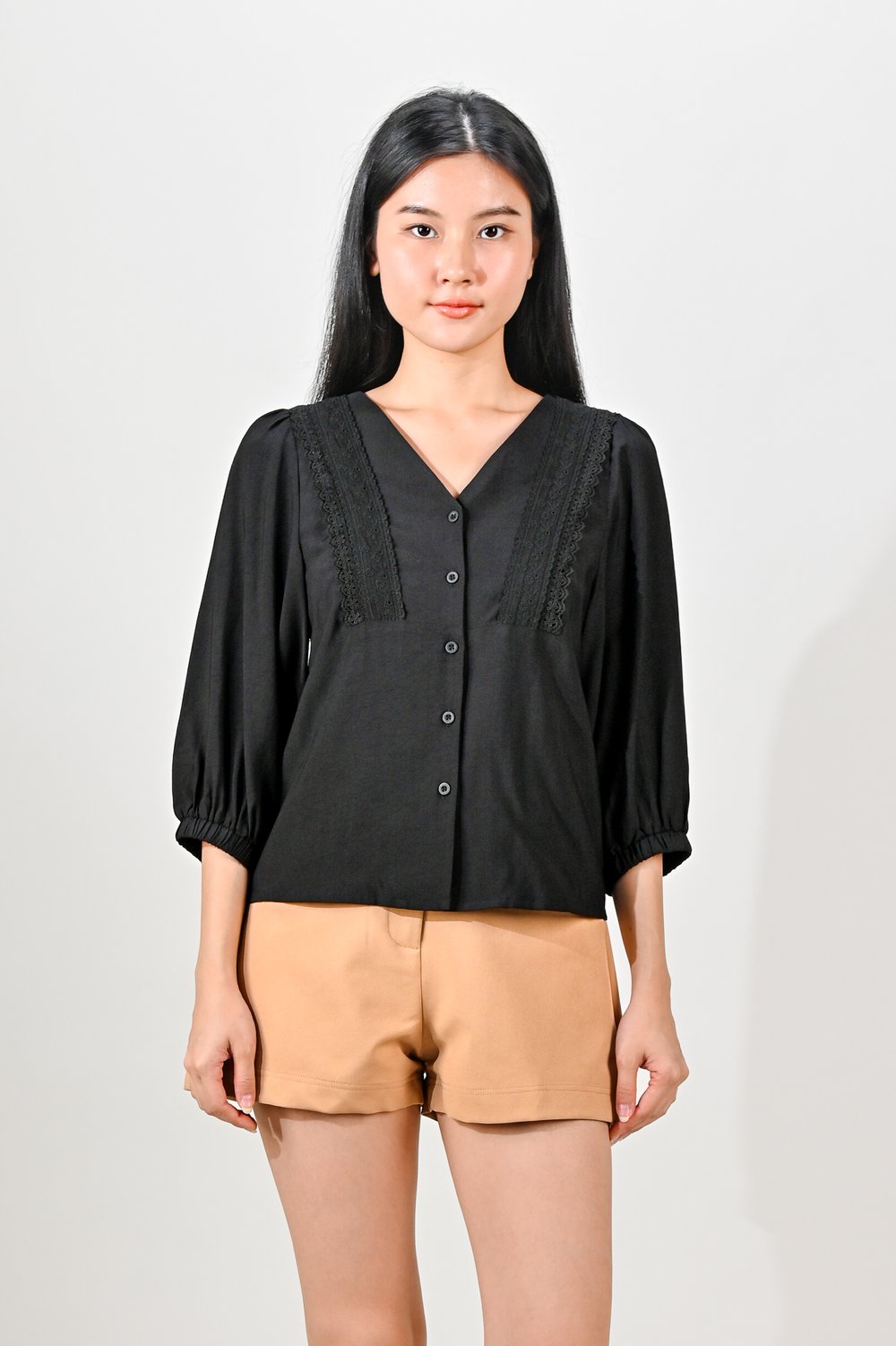 LIDYA LACE-TRIM BUTTON TOP IN BLACK