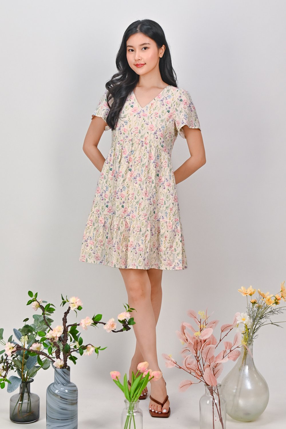 YINGJIA EMB. CURVED-WAIST FLOUNCE DRESS