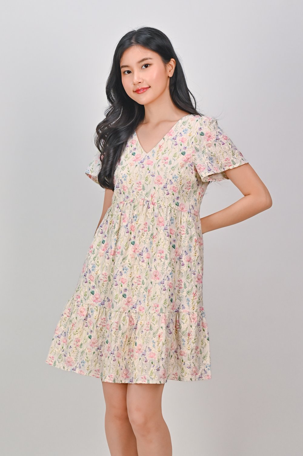 YINGJIA EMB. CURVED-WAIST FLOUNCE DRESS