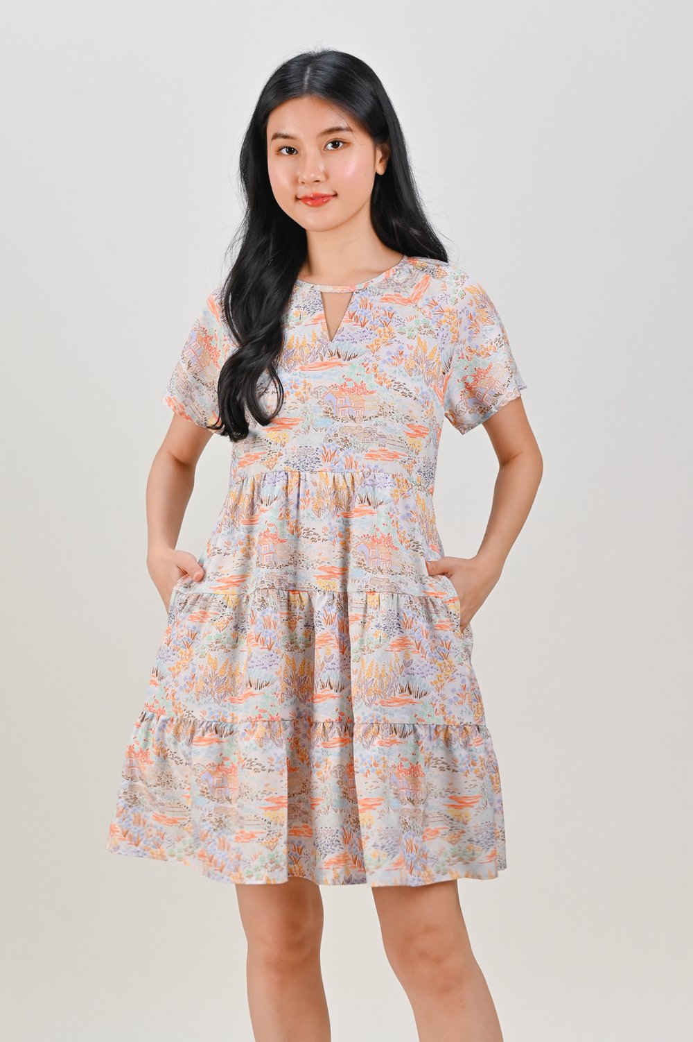 ORANGE COTTAGE KEYHOLE TIERED DRESS