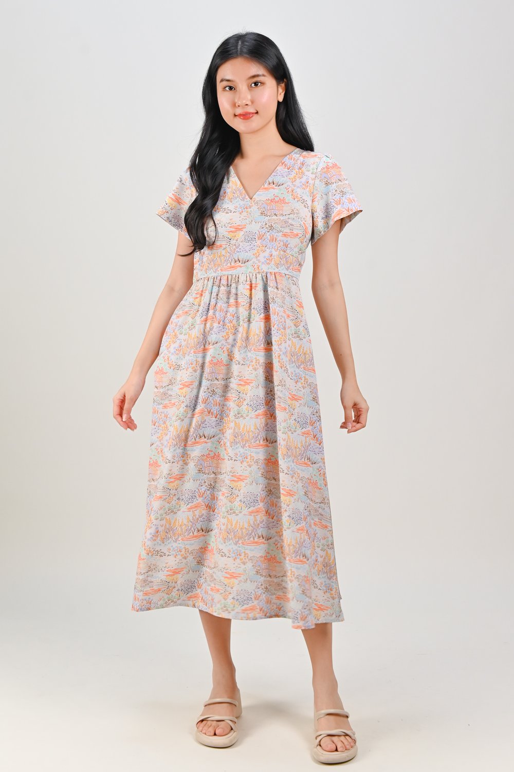 ORANGE COTTAGE V-NECK SLEEVED MIDI DRESS