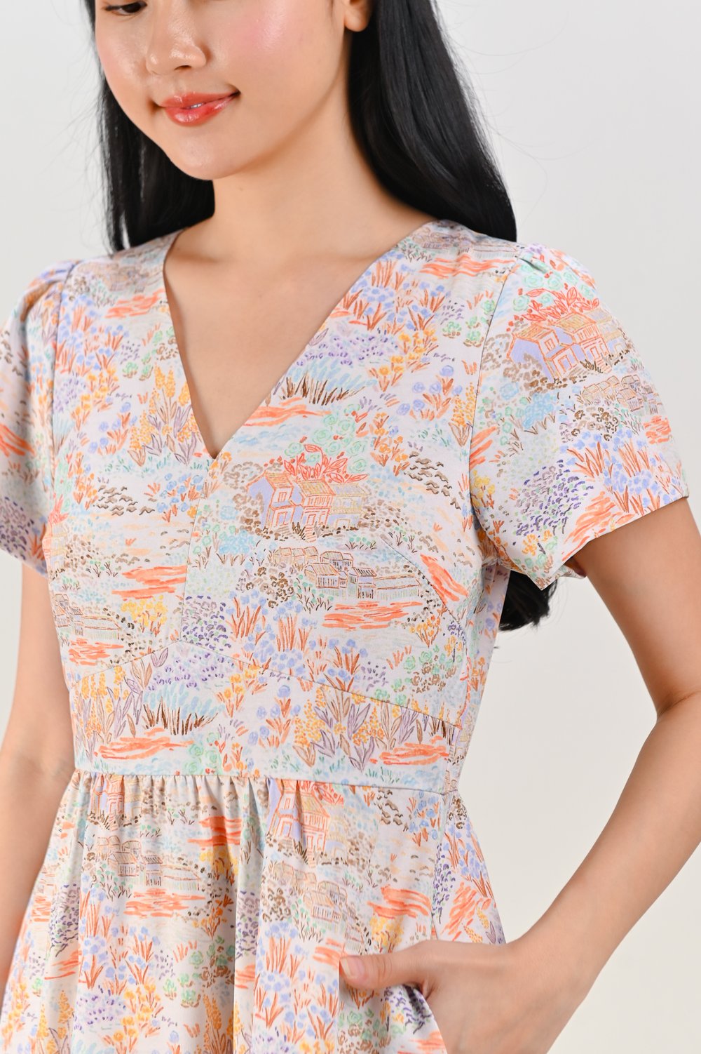 ORANGE COTTAGE V-NECK SLEEVED MIDI DRESS