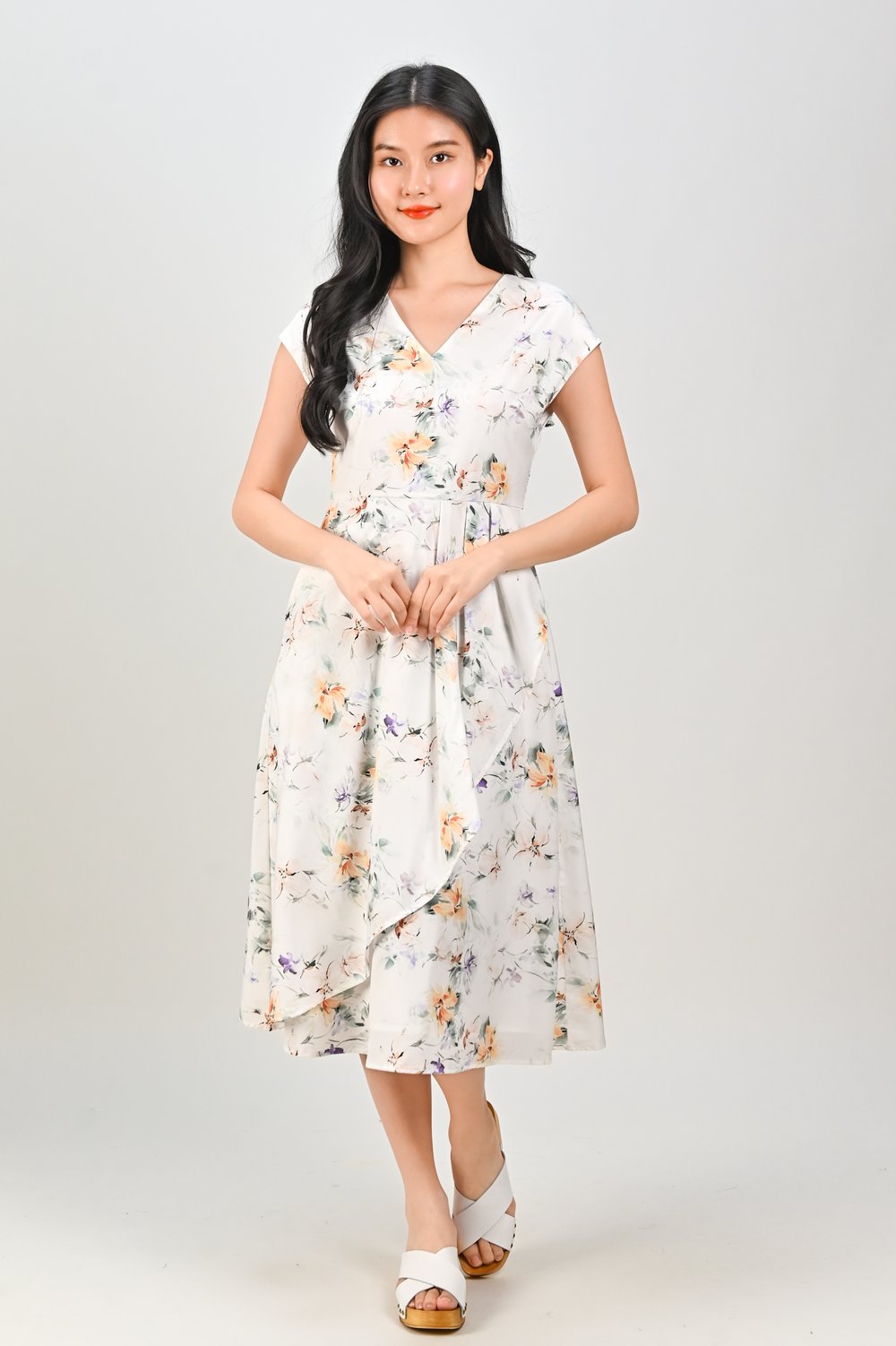 KOHARU V-NECK SLEEVED WATERFALL DRESS