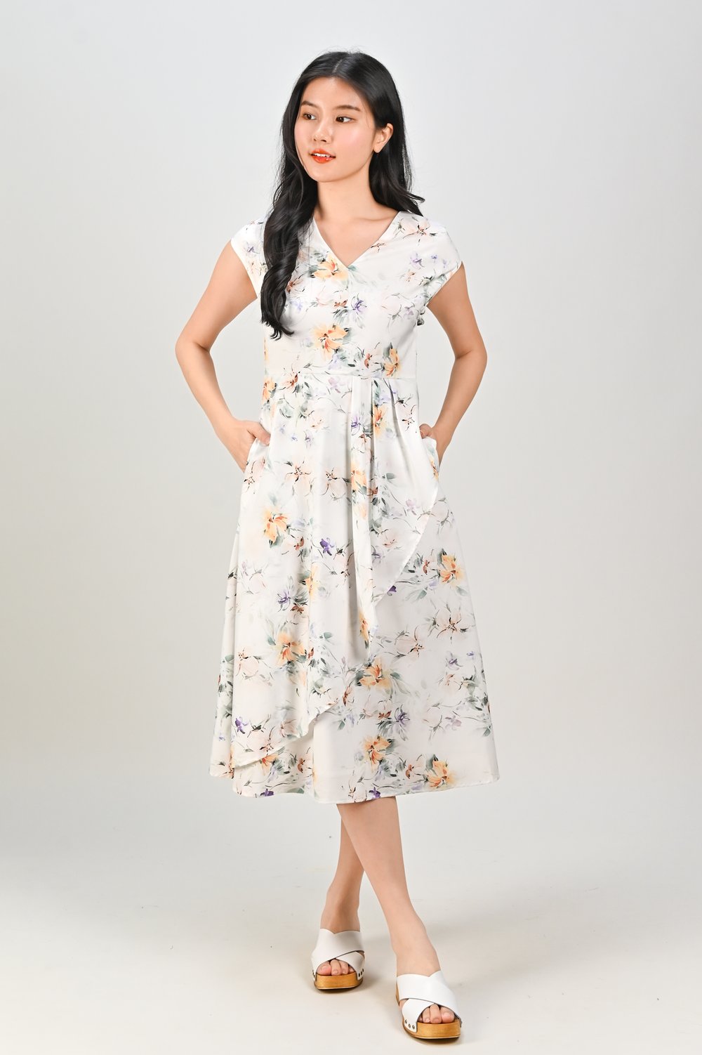 KOHARU V-NECK SLEEVED WATERFALL DRESS