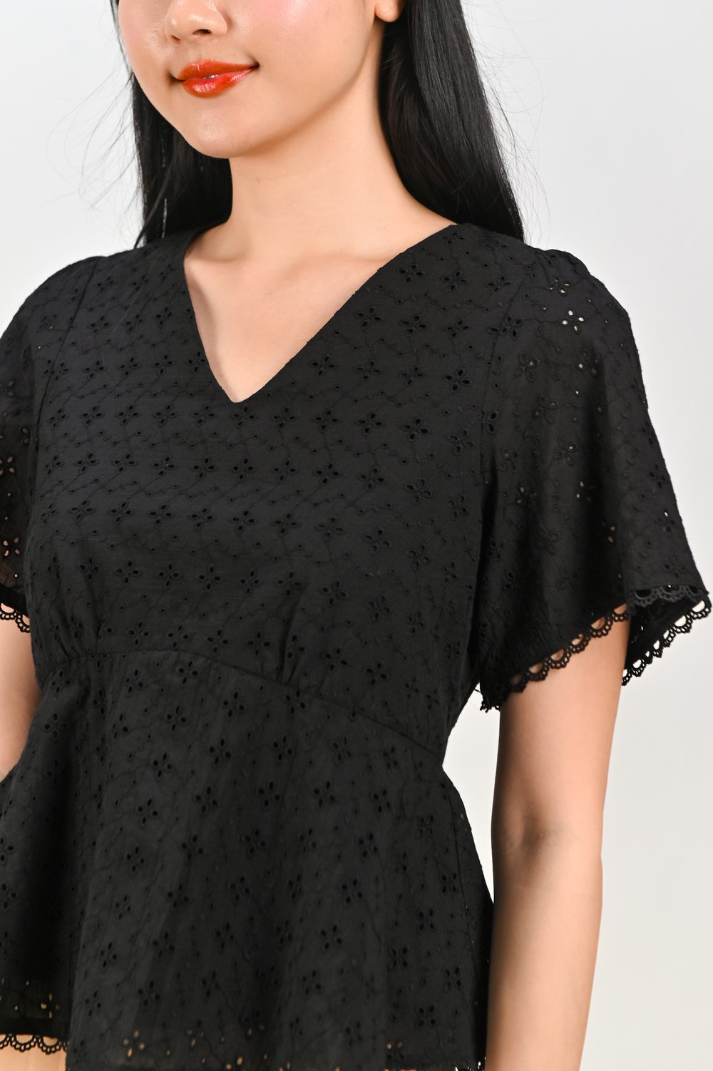 MADOKA BLACK EYELET PEPLUM TOP