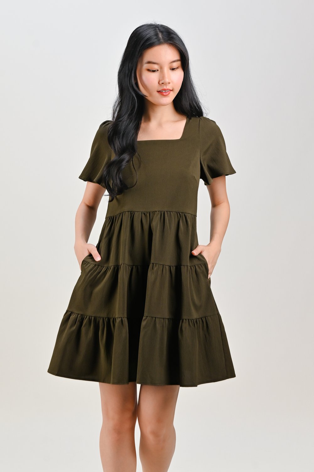 BIEL SQUARE-NECK BABYDOLL DRESS IN OLIVE