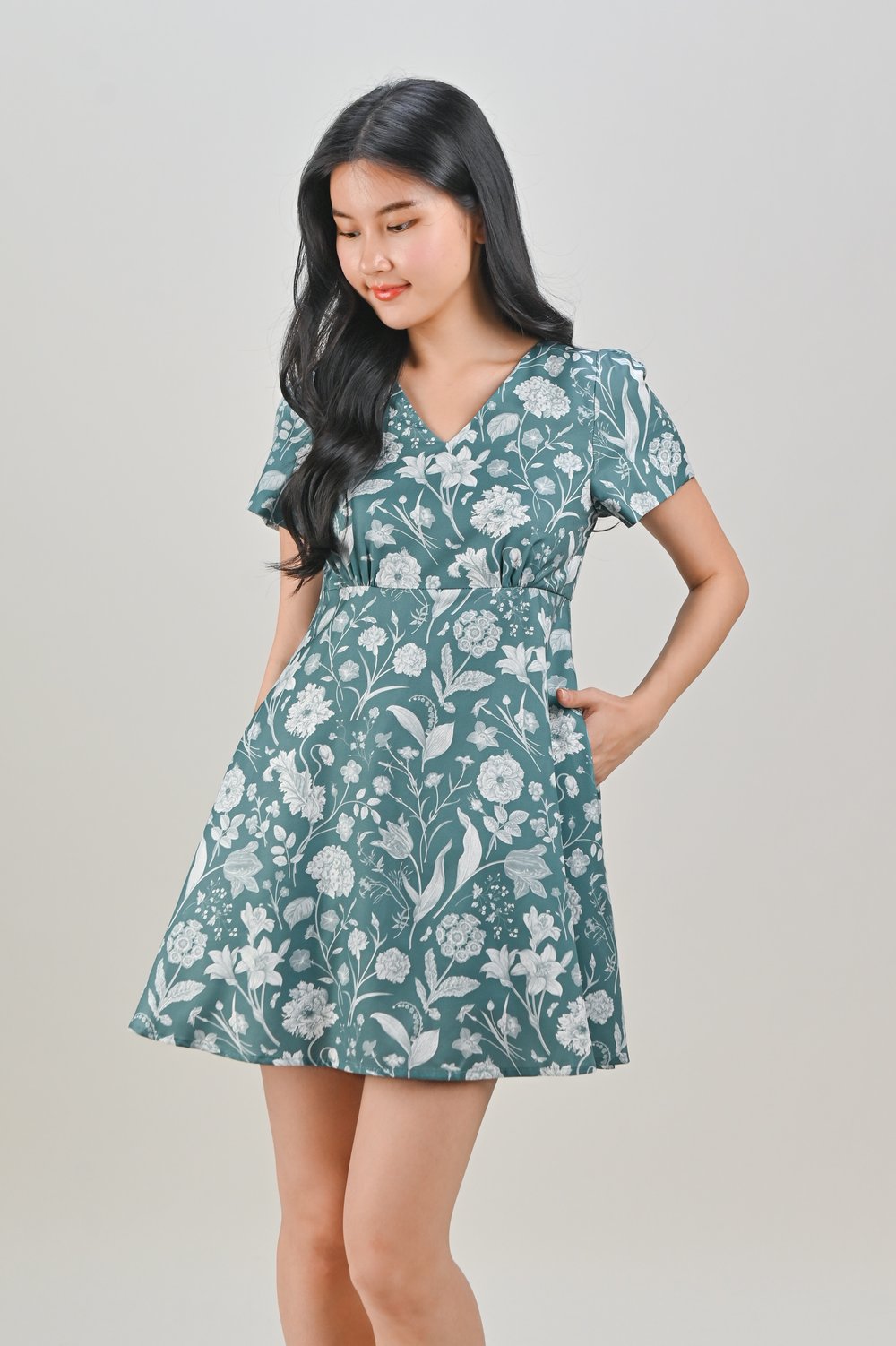 THISTLE HIGH-WAIST DRESS-ROMPER IN EMERALD TOILE