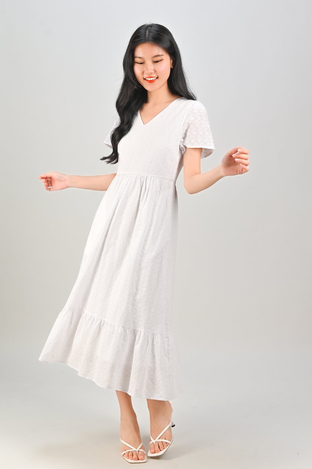 MIUCO EYELET SLEEVED TIERED DRESS IN WHITE