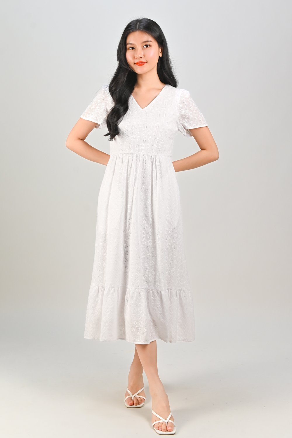 MIUCO EYELET SLEEVED TIERED DRESS IN WHITE