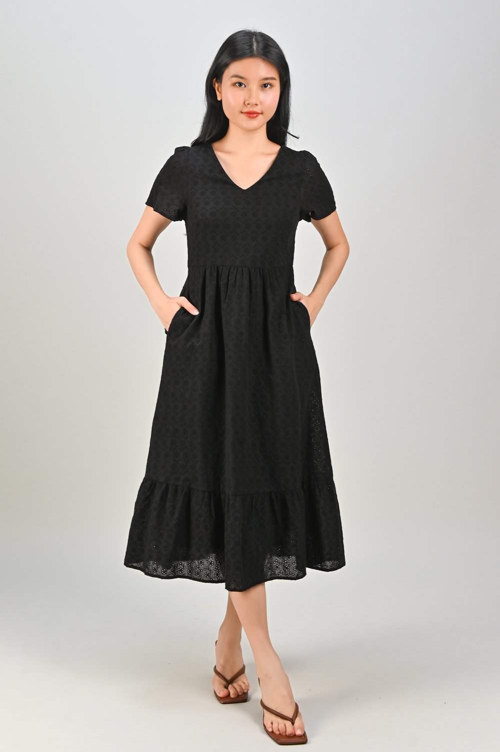 MIUCO EYELET SLEEVED TIERED DRESS IN BLACK
