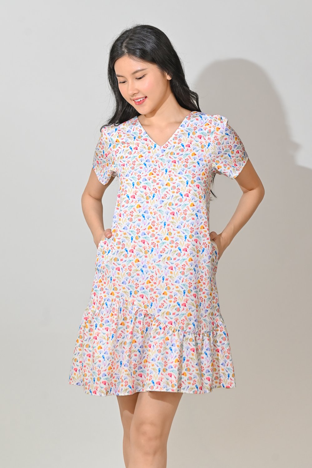 NAUTI CREW SLEEVED CURVED-FLOUNCE DRESS
