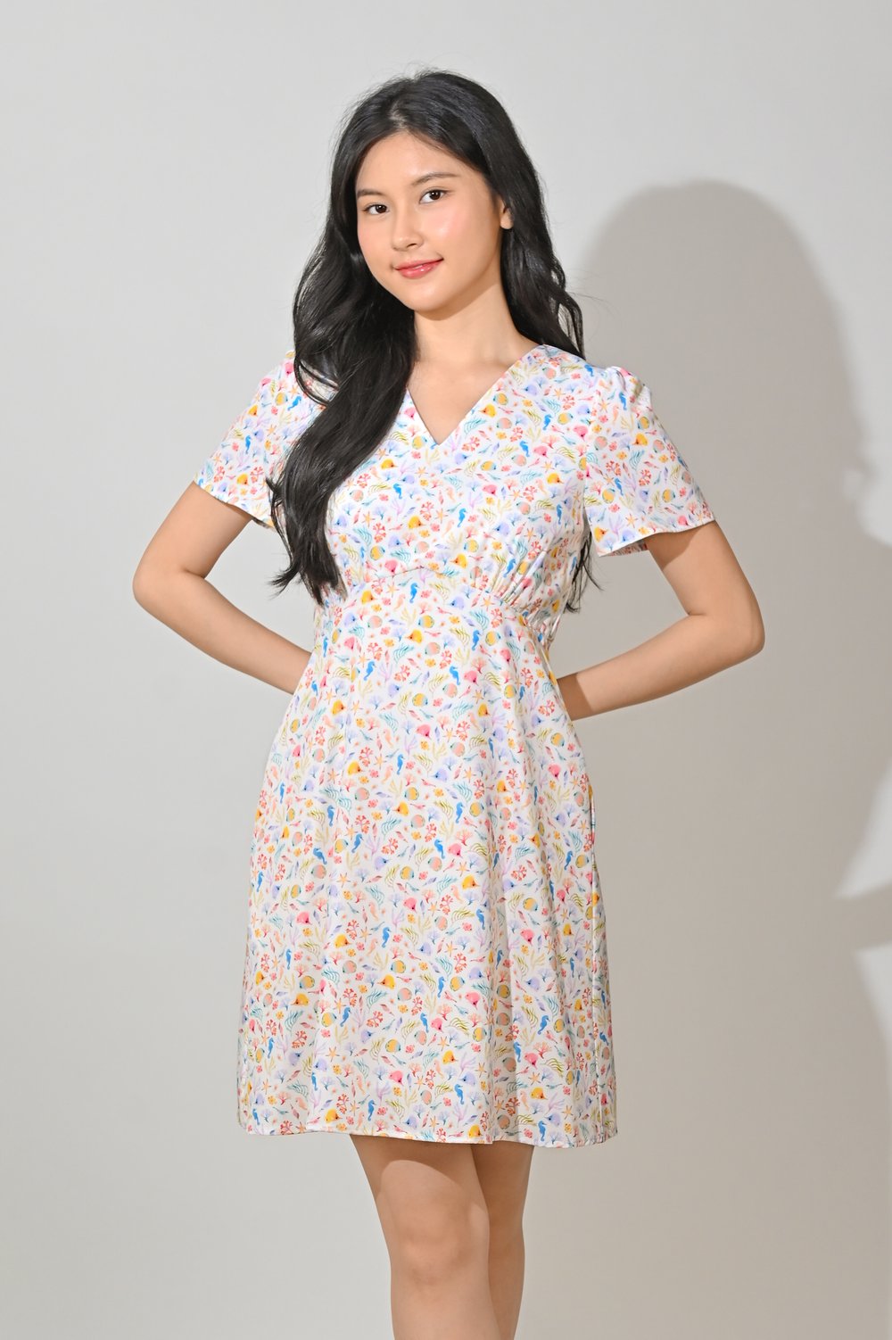 NAUTI CREW V-NECK SLEEVED HIGH-WAIST DRESS