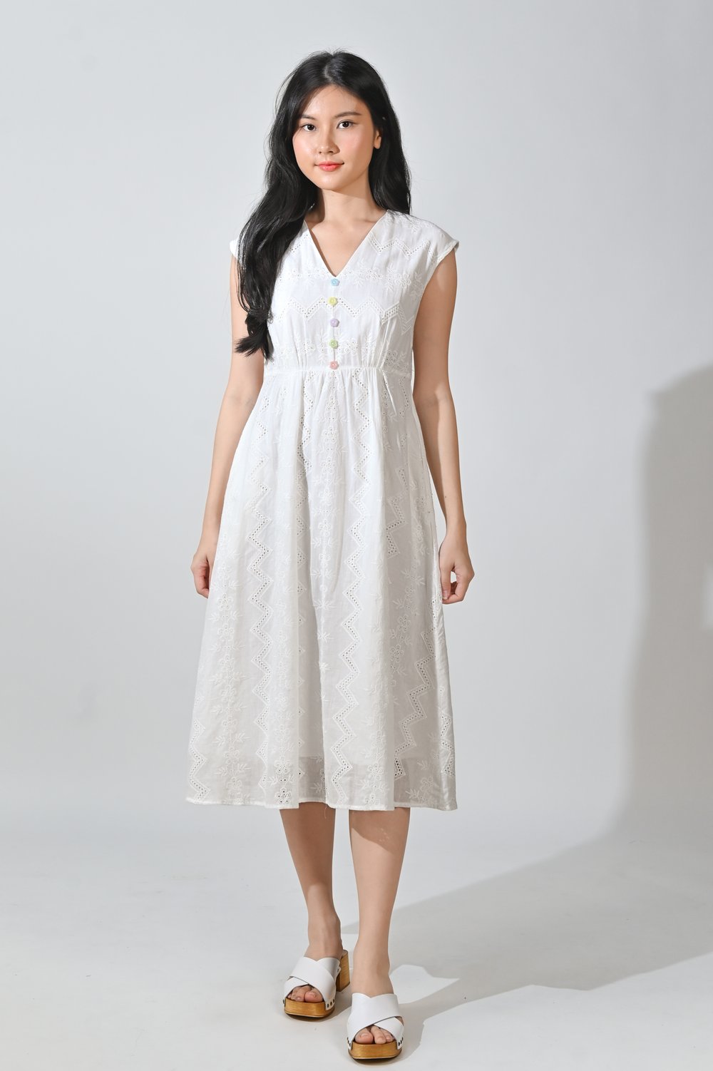 HINA WHITE EYELET BUTTON MIDI DRESS