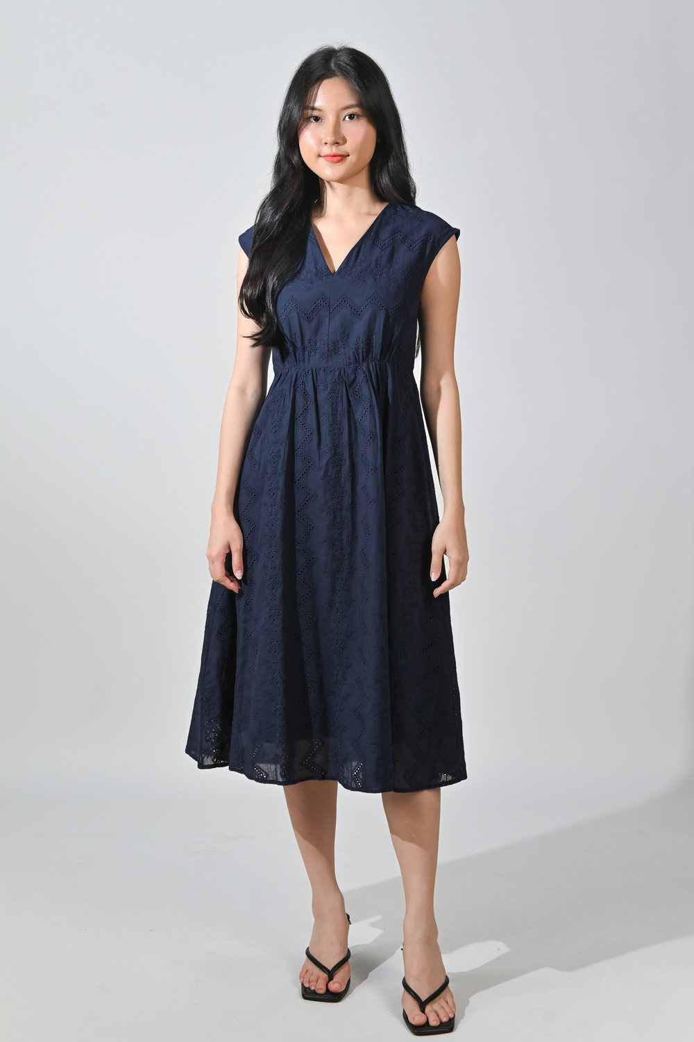TSUMUGI NAVY EYELET MIDI DRESS