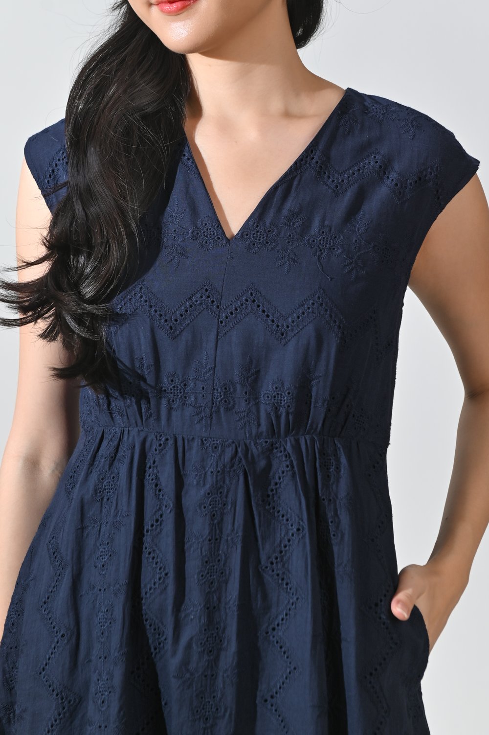 TSUMUGI NAVY EYELET MIDI DRESS