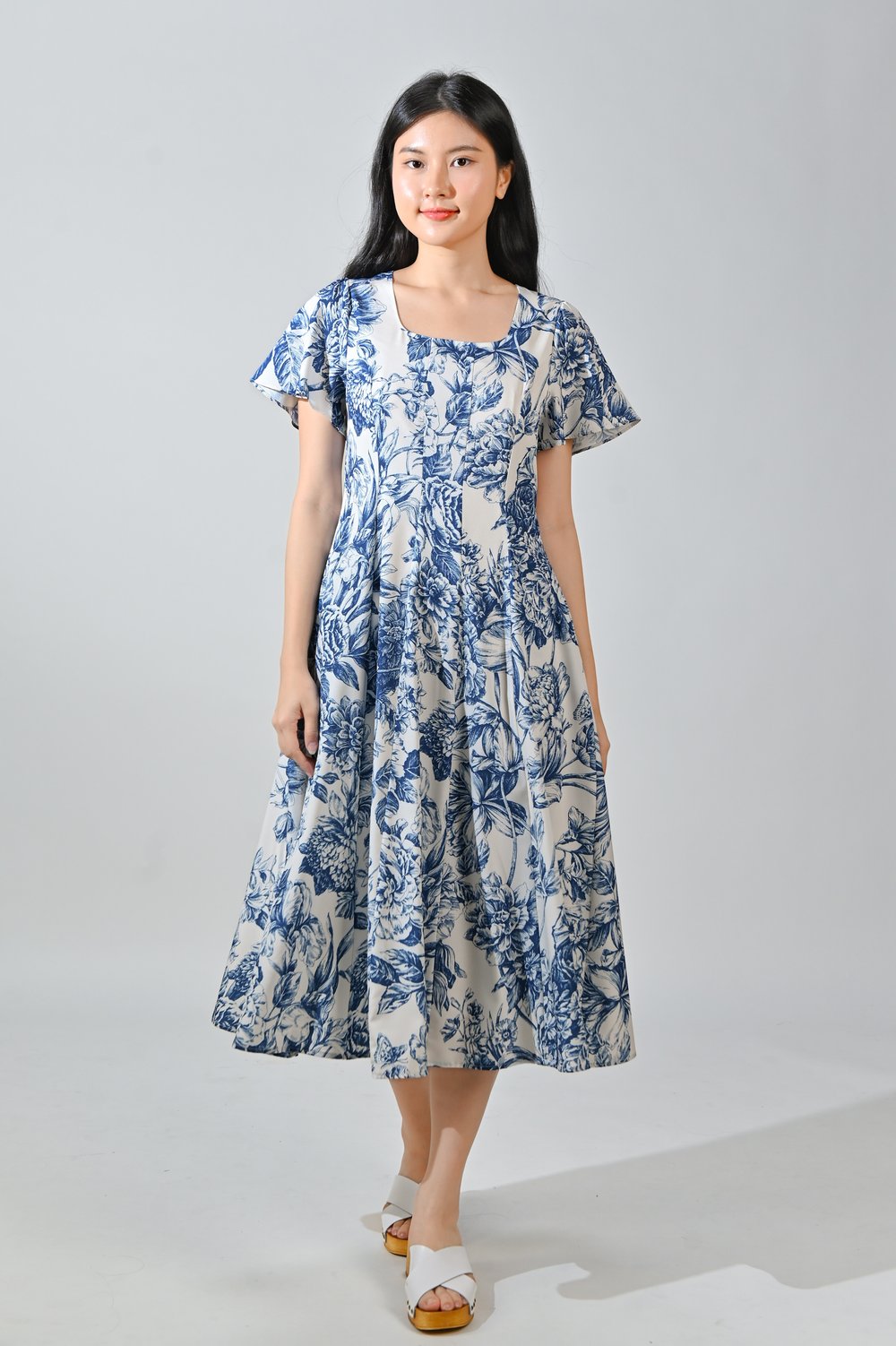 WISTERIA PORCELAIN SLEEVED PANELLED MIDI DRESS