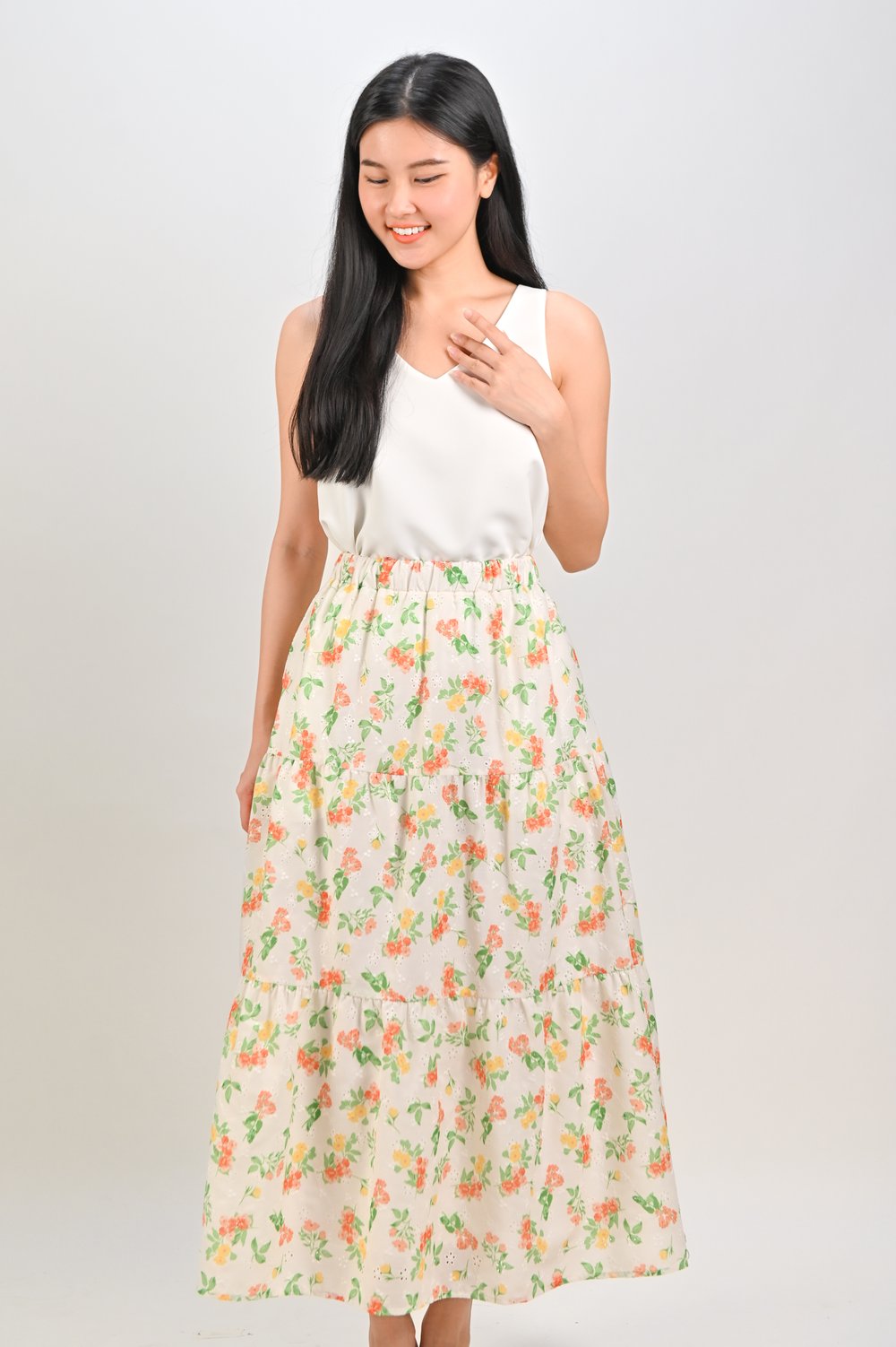 KAORU EYELET FLORAL TIERED MIDAXI SKIRT